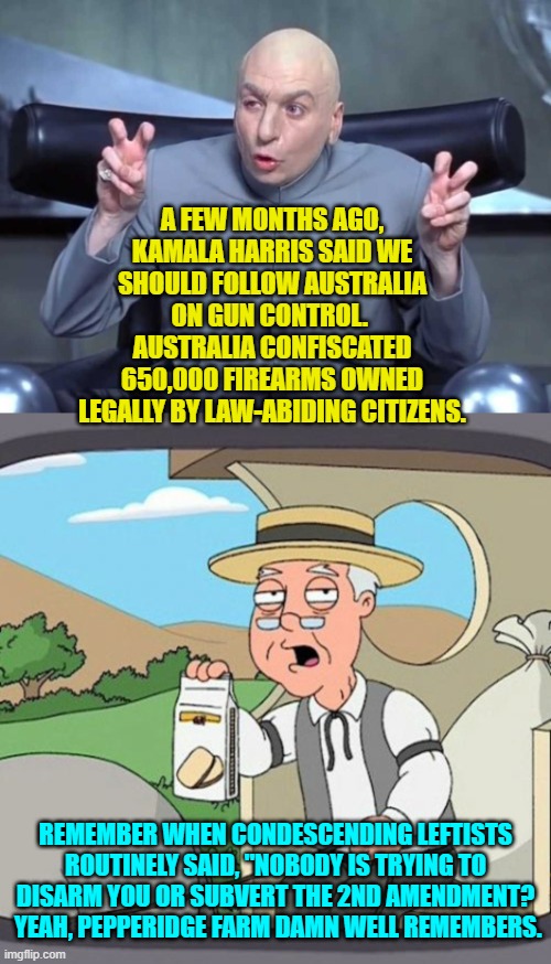 The more the Dem Party leadership and elites claim they aren't, the more they are. | A FEW MONTHS AGO, KAMALA HARRIS SAID WE SHOULD FOLLOW AUSTRALIA ON GUN CONTROL.  AUSTRALIA CONFISCATED 650,000 FIREARMS OWNED LEGALLY BY LAW-ABIDING CITIZENS. REMEMBER WHEN CONDESCENDING LEFTISTS ROUTINELY SAID, "NOBODY IS TRYING TO DISARM YOU OR SUBVERT THE 2ND AMENDMENT?  YEAH, PEPPERIDGE FARM DAMN WELL REMEMBERS. | image tagged in dr evil air quotes | made w/ Imgflip meme maker