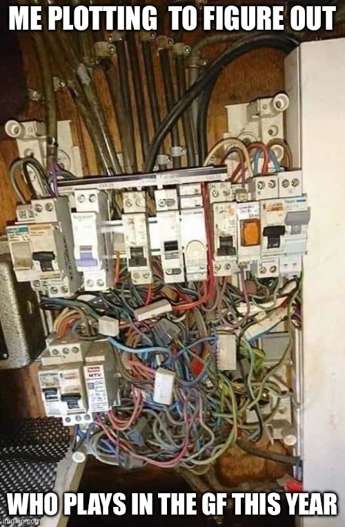 Spaghetti junction | ME PLOTTING  TO FIGURE OUT; WHO PLAYS IN THE GF THIS YEAR | image tagged in spaghetti junction | made w/ Imgflip meme maker