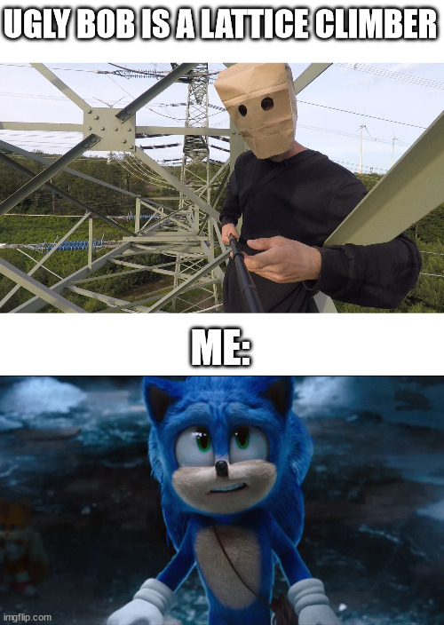 Sonic meet ugly Bob | UGLY BOB IS A LATTICE CLIMBER; ME: | image tagged in sonic the hedgehog,latticeclimbing,movie,memes,awesome,fun | made w/ Imgflip meme maker