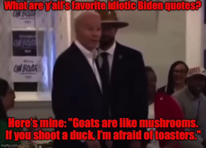 Your favorite idiotic Biden quote | What are y’all’s favorite idiotic Biden quotes? Here’s mine: "Goats are like mushrooms. If you shoot a duck, I’m afraid of toasters." | image tagged in biden farts | made w/ Imgflip meme maker