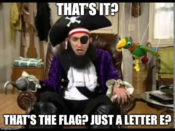 Patchy the pirate that's it? | THAT'S IT? THAT'S THE FLAG? JUST A LETTER E? | image tagged in patchy the pirate that's it | made w/ Imgflip meme maker