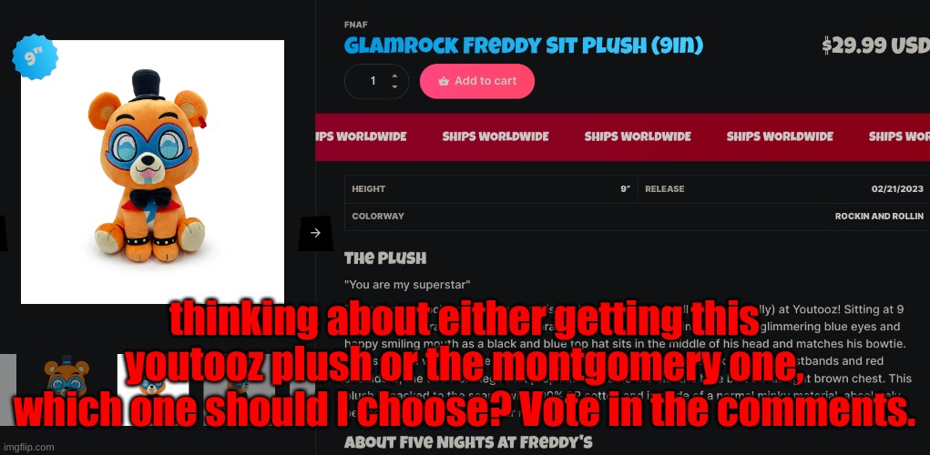thinking about either getting this youtooz plush or the montgomery one, which one should I choose? Vote in the comments. | made w/ Imgflip meme maker