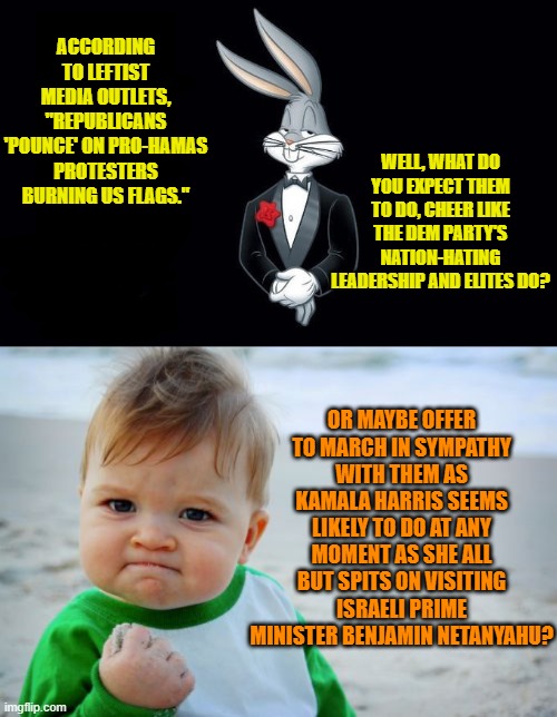 New political figurehead, but same ol' nation-hating leftist politicians. | ACCORDING TO LEFTIST MEDIA OUTLETS, "REPUBLICANS 'POUNCE' ON PRO-HAMAS PROTESTERS BURNING US FLAGS."; WELL, WHAT DO YOU EXPECT THEM TO DO, CHEER LIKE THE DEM PARTY'S NATION-HATING LEADERSHIP AND ELITES DO? OR MAYBE OFFER TO MARCH IN SYMPATHY WITH THEM AS KAMALA HARRIS SEEMS LIKELY TO DO AT ANY MOMENT AS SHE ALL BUT SPITS ON VISITING ISRAELI PRIME MINISTER BENJAMIN NETANYAHU? | image tagged in yep | made w/ Imgflip meme maker