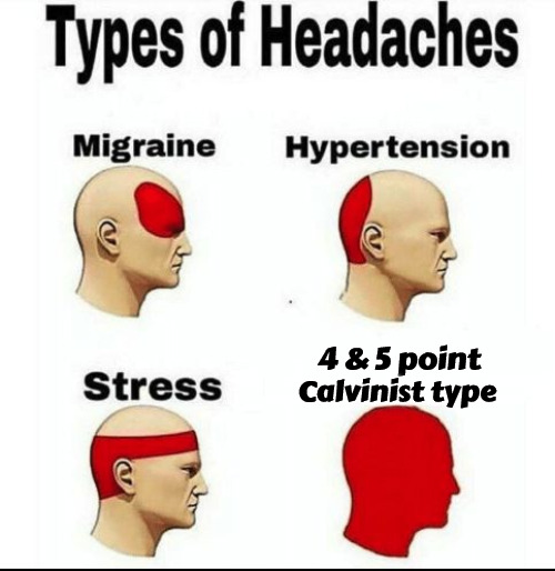 5 Point Headache | 4 & 5 point; Calvinist type | image tagged in calvinism,arminian,legalistic,annoying people,headache,r/dankchristianmemes | made w/ Imgflip meme maker