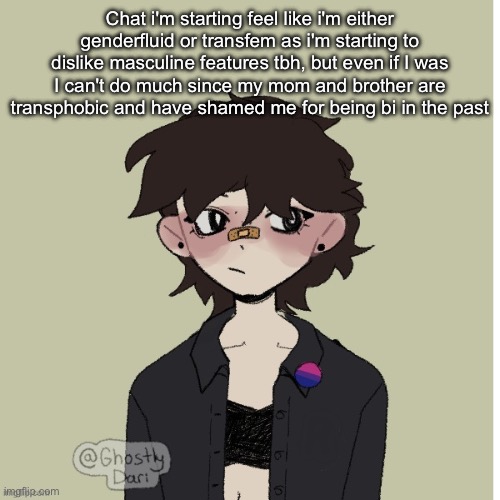 My dad and stepmom would prob be the only ppl who support. And My stepdad prob doesnt give a shit and will prob just agree with  | Chat i'm starting feel like i'm either genderfluid or transfem as i'm starting to dislike masculine features tbh, but even if I was I can't do much since my mom and brother are transphobic and have shamed me for being bi in the past | image tagged in neko picrew | made w/ Imgflip meme maker