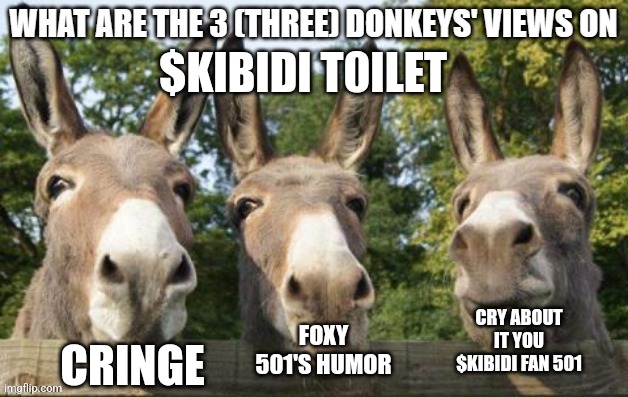 Cry about it foxy 501 i stole your temp | $KIBIDI T0ILET; CRY ABOUT IT YOU $KIBIDI FAN 501; CRINGE; FOXY 501'S HUMOR | image tagged in what are the 3 three donkeys' views on x | made w/ Imgflip meme maker