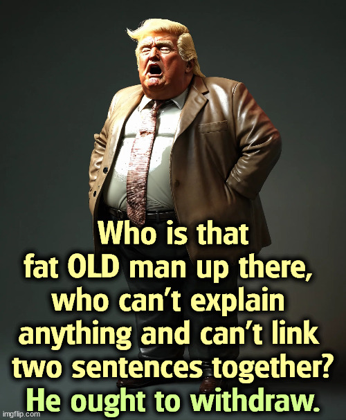 He does look tired these days, doesn't he? And weird. | Who is that fat OLD man up there, 

who can't explain 
anything and can't link 
two sentences together? He ought to withdraw. | image tagged in trump,fat,old,confused,loser,weird | made w/ Imgflip meme maker