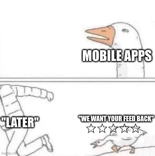 Goose Chase | MOBILE APPS; "WE WANT YOUR FEED BACK"; "LATER"; ☆☆☆☆☆ | image tagged in goose chase | made w/ Imgflip meme maker