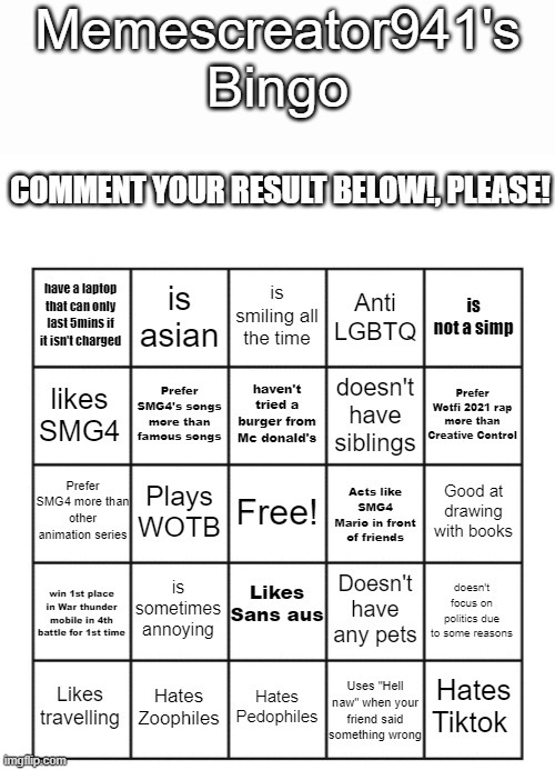 Memescreator941's Bingo | image tagged in memescreator941's bingo | made w/ Imgflip meme maker