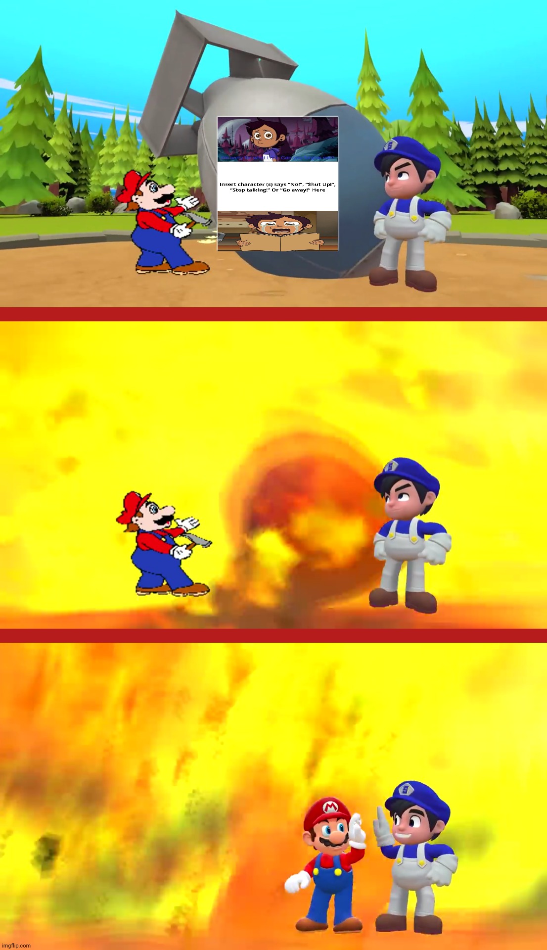 mario and smg4 blown up to Squidwardt2000 art | image tagged in mario and smg4 explodes _____________ blank | made w/ Imgflip meme maker