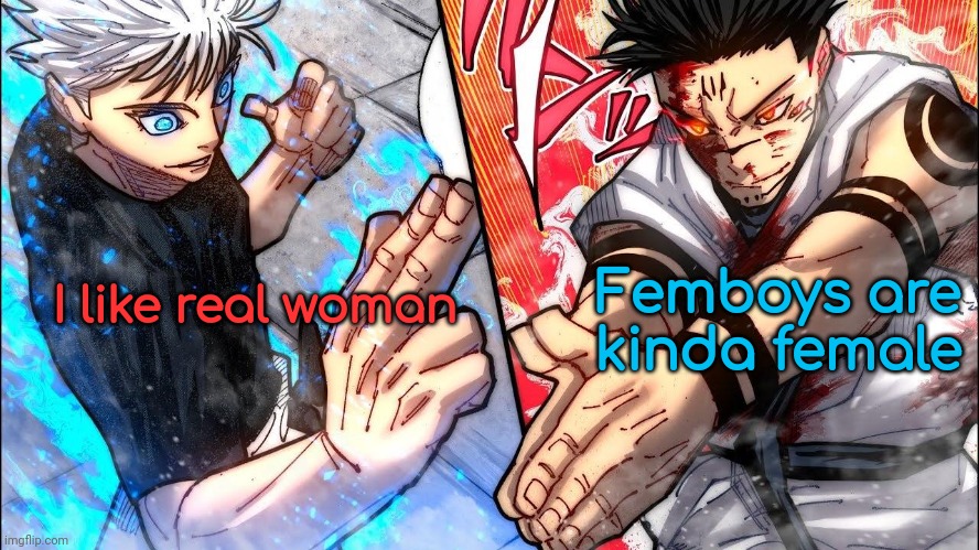 gojo vs sukuna | Femboys are kinda female; I like real woman | image tagged in gojo vs sukuna | made w/ Imgflip meme maker