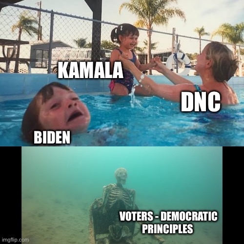 Drowning Kid Skelleton | BIDEN KAMALA DNC VOTERS - DEMOCRATIC
PRINCIPLES | image tagged in drowning kid skelleton | made w/ Imgflip meme maker