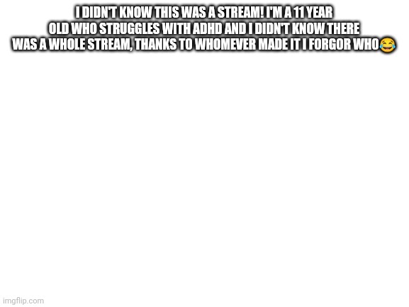 Blank White Template | I DIDN'T KNOW THIS WAS A STREAM! I'M A 11 YEAR OLD WHO STRUGGLES WITH ADHD AND I DIDN'T KNOW THERE WAS A WHOLE STREAM, THANKS TO WHOMEVER MADE IT I FORGOR WHO😂 | image tagged in blank white template | made w/ Imgflip meme maker