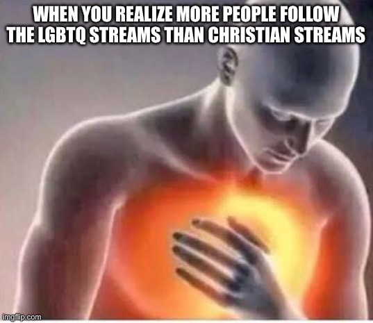 Why does it have to be like this | WHEN YOU REALIZE MORE PEOPLE FOLLOW THE LGBTQ STREAMS THAN CHRISTIAN STREAMS | image tagged in chest pain,christianity,truth hurts | made w/ Imgflip meme maker