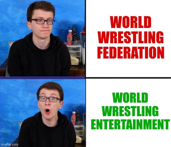 WWE | WORLD
WRESTLING
FEDERATION; WORLD
WRESTLING
ENTERTAINMENT | image tagged in scott the woz no yes,memes,two,choices,wwe | made w/ Imgflip meme maker