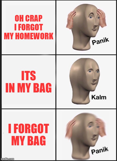 hehe | OH CRAP I FORGOT MY HOMEWORK; ITS IN MY BAG; I FORGOT MY BAG | image tagged in memes,panik kalm panik | made w/ Imgflip meme maker