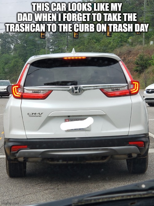 Mad car | THIS CAR LOOKS LIKE MY DAD WHEN I FORGET TO TAKE THE TRASHCAN TO THE CURB ON TRASH DAY | image tagged in grumpy car | made w/ Imgflip meme maker