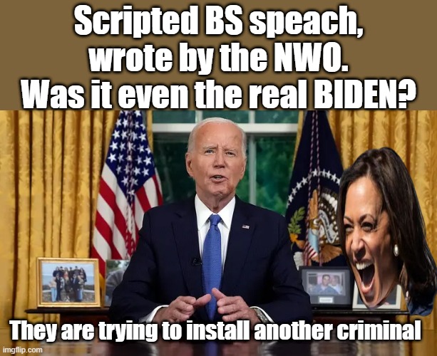 So many lies in that speech. | Scripted BS speach, wrote by the NWO. Was it even the real BIDEN? They are trying to install another criminal | made w/ Imgflip meme maker