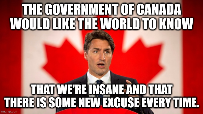 Justin Trudeau | THE GOVERNMENT OF CANADA WOULD LIKE THE WORLD TO KNOW; THAT WE'RE INSANE AND THAT THERE IS SOME NEW EXCUSE EVERY TIME. | image tagged in justin trudeau | made w/ Imgflip meme maker