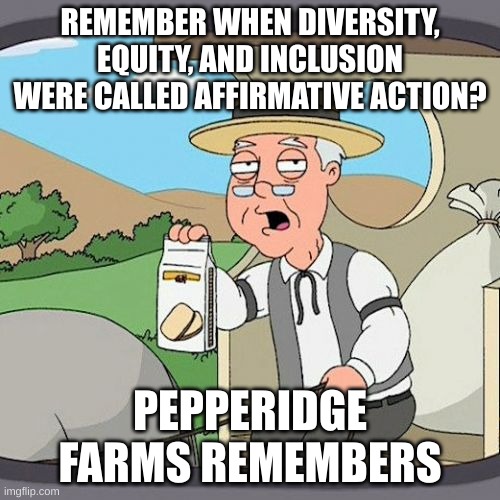 dei | REMEMBER WHEN DIVERSITY, EQUITY, AND INCLUSION WERE CALLED AFFIRMATIVE ACTION? PEPPERIDGE FARMS REMEMBERS | image tagged in memes,pepperidge farm remembers | made w/ Imgflip meme maker