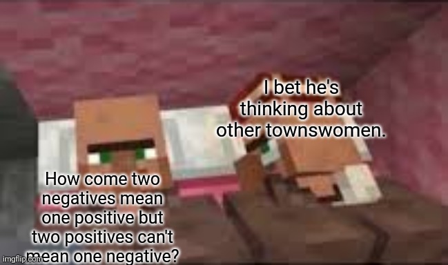 Yeah, right! | I bet he's thinking about other townswomen. How come two negatives mean one positive but two positives can't mean one negative? | image tagged in philosophy | made w/ Imgflip meme maker