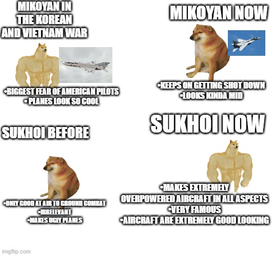 mikoyan and sukhoi | MIKOYAN IN THE KOREAN AND VIETNAM WAR; MIKOYAN NOW; •KEEPS ON GETTING SHOT DOWN
•LOOKS KINDA MID; •BIGGEST FEAR OF AMERICAN PILOTS
• PLANES LOOK SO COOL; SUKHOI NOW; SUKHOI BEFORE; •MAKES EXTREMELY OVERPOWERED AIRCRAFT IN ALL ASPECTS
•VERY FAMOUS
•AIRCRAFT ARE EXTREMELY GOOD LOOKING; •ONLY GOOD AT AIR TO GROUND COMBAT
•IRRELEVANT
•MAKES UGLY PLANES | made w/ Imgflip meme maker