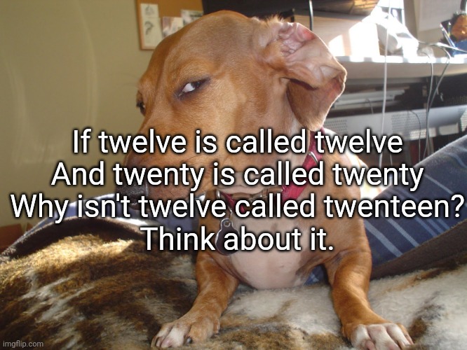 Think about it | If twelve is called twelve
And twenty is called twenty
Why isn't twelve called twenteen?
Think about it. | image tagged in suspicious dog,deep thoughts,numbers | made w/ Imgflip meme maker