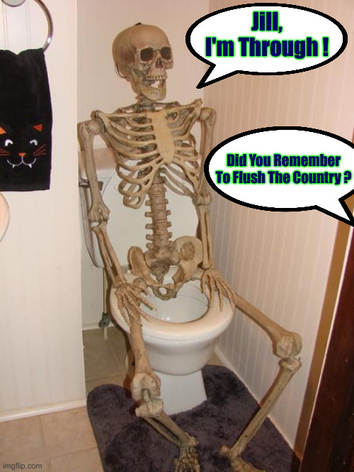 Skeleton on toilet | Jill, I'm Through ! Did You Remember To Flush The Country ? | image tagged in skeleton on toilet | made w/ Imgflip meme maker