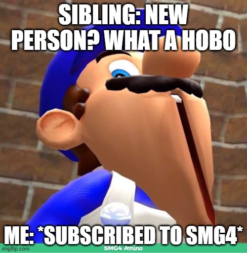 smg4's face | SIBLING: NEW PERSON? WHAT A HOBO; ME: *SUBSCRIBED TO SMG4* | image tagged in smg4's face | made w/ Imgflip meme maker