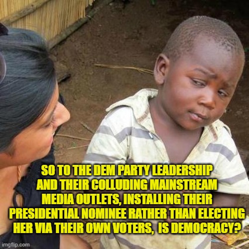 I guess it's a meaning of 'is' sort of thing with Democrats. | SO TO THE DEM PARTY LEADERSHIP AND THEIR COLLUDING MAINSTREAM MEDIA OUTLETS, INSTALLING THEIR PRESIDENTIAL NOMINEE RATHER THAN ELECTING HER VIA THEIR OWN VOTERS,  IS DEMOCRACY? | image tagged in third world skeptical kid | made w/ Imgflip meme maker