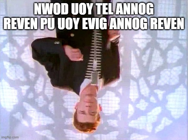 rickrolling | NWOD UOY TEL ANNOG REVEN PU UOY EVIG ANNOG REVEN | image tagged in rickrolling | made w/ Imgflip meme maker