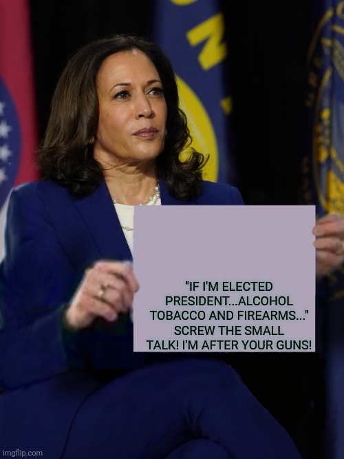 Kamala Harris Holding Sign | "IF I'M ELECTED PRESIDENT...ALCOHOL TOBACCO AND FIREARMS..." SCREW THE SMALL TALK! I'M AFTER YOUR GUNS! | image tagged in kamala harris holding sign | made w/ Imgflip meme maker