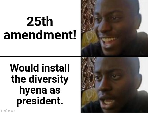 Be careful! | 25th
amendment! Would install
the diversity
hyena as
president. | image tagged in oh yeah oh no,kamala harris,memes,democrats,25th amendment,joe biden | made w/ Imgflip meme maker