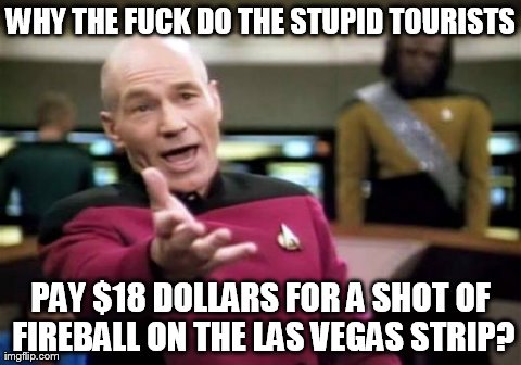 Picard Wtf | WHY THE F**K DO THE STUPID TOURISTS PAY $18 DOLLARS FOR A SHOT OF FIREBALL ON THE LAS VEGAS STRIP? | image tagged in memes,picard wtf | made w/ Imgflip meme maker