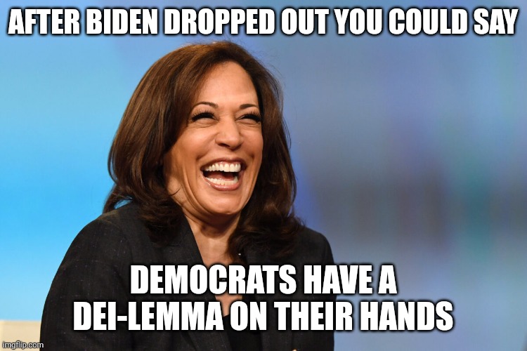 Kamala Harris laughing | AFTER BIDEN DROPPED OUT YOU COULD SAY; DEMOCRATS HAVE A DEI-LEMMA ON THEIR HANDS | image tagged in kamala harris laughing | made w/ Imgflip meme maker