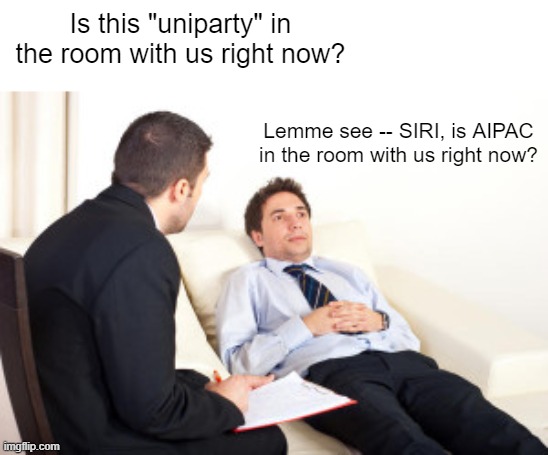 SIRI: We are everywhere | Is this "uniparty" in the room with us right now? Lemme see -- SIRI, is AIPAC in the room with us right now? | image tagged in psychiatrist | made w/ Imgflip meme maker