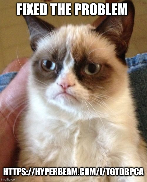 Grumpy Cat | FIXED THE PROBLEM; HTTPS://HYPERBEAM.COM/I/TGTDBPCA | image tagged in memes,grumpy cat | made w/ Imgflip meme maker