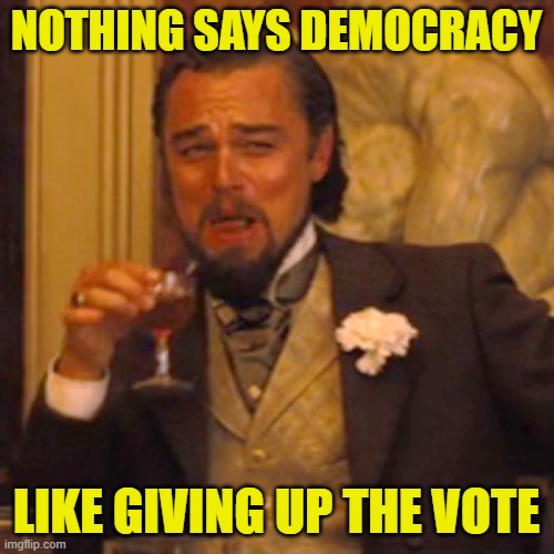 Laughing Leo Meme | NOTHING SAYS DEMOCRACY LIKE GIVING UP THE VOTE | image tagged in memes,laughing leo | made w/ Imgflip meme maker