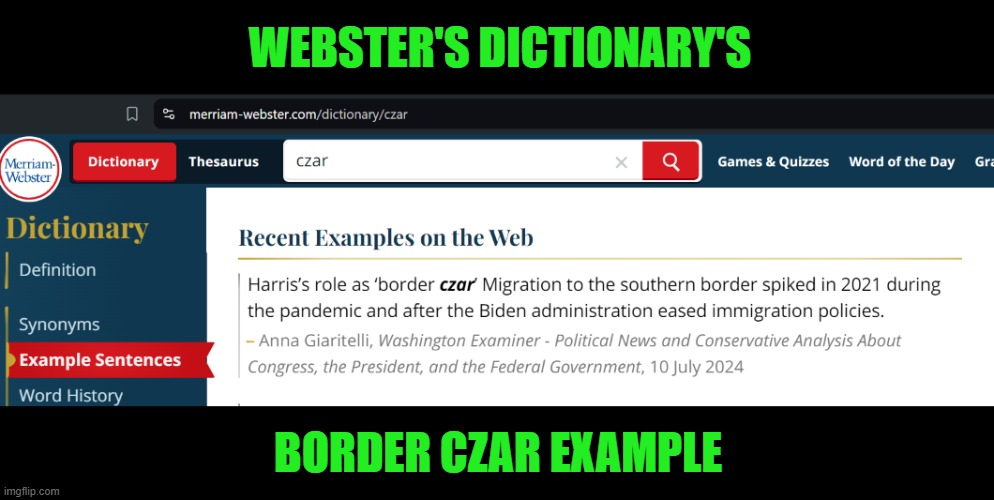 WEBSTER'S DICTIONARY'S BORDER CZAR EXAMPLE | made w/ Imgflip meme maker