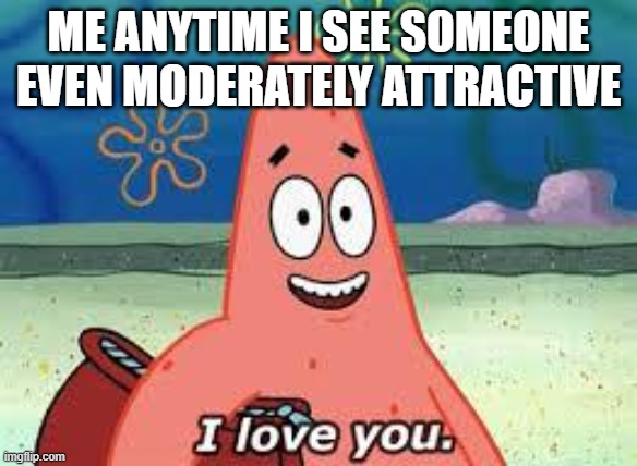 Patrick I Love You | ME ANYTIME I SEE SOMEONE EVEN MODERATELY ATTRACTIVE | image tagged in patrick i love you | made w/ Imgflip meme maker