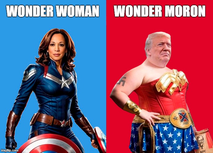 The choice is clear! | WONDER MORON; WONDER WOMAN | image tagged in kamala harris,wonder woman,donald trump,trump is a moron,election 2024 | made w/ Imgflip meme maker