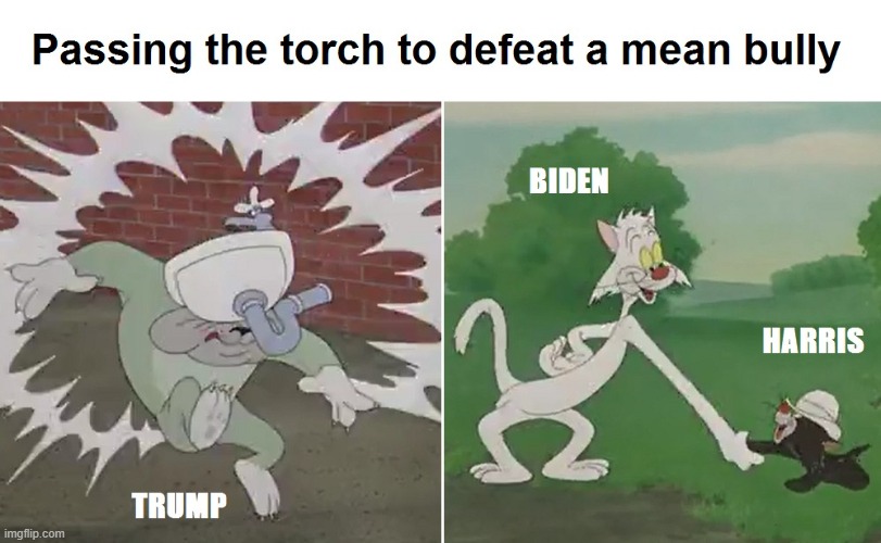 Passing the Torch (a.k.a. Revenge of the Crazy Cat People) | image tagged in donald trump,joe biden,kamala harris,bad luck blackie cartoon,childless cat ladies,trump sucks | made w/ Imgflip meme maker