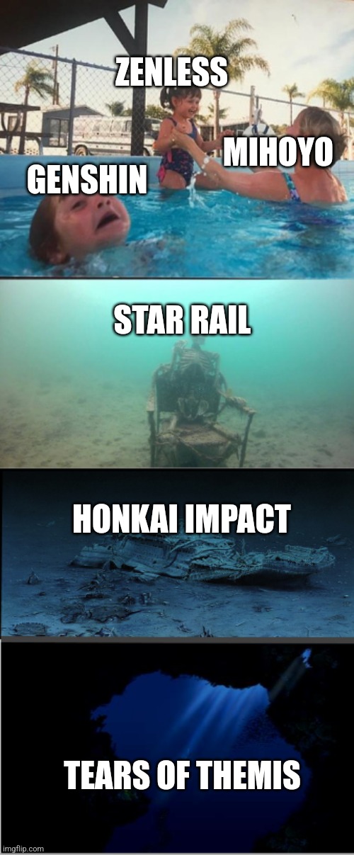 tell me this isnt accurate | ZENLESS; GENSHIN; MIHOYO; STAR RAIL; HONKAI IMPACT; TEARS OF THEMIS | image tagged in kid drowning meme extended,genshin impact,memes,oh wow are you actually reading these tags | made w/ Imgflip meme maker