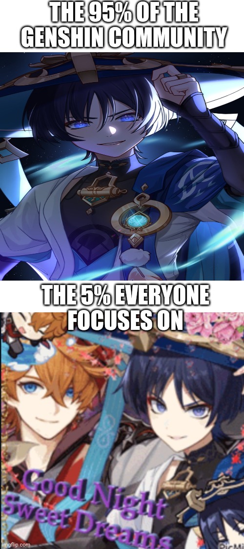 i scrolled for a solid 10 minutes for that last image. also i play genshin, kill me all you want | THE 95% OF THE GENSHIN COMMUNITY; THE 5% EVERYONE FOCUSES ON | image tagged in blank white template,genshin impact,memes,truth | made w/ Imgflip meme maker