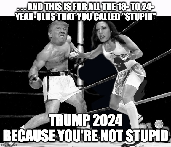 Round 2 | . . . AND THIS IS FOR ALL THE 18- TO 24-
YEAR-OLDS THAT YOU CALLED "STUPID"; TRUMP 2024
BECAUSE YOU'RE NOT STUPID | image tagged in trump kamala | made w/ Imgflip meme maker
