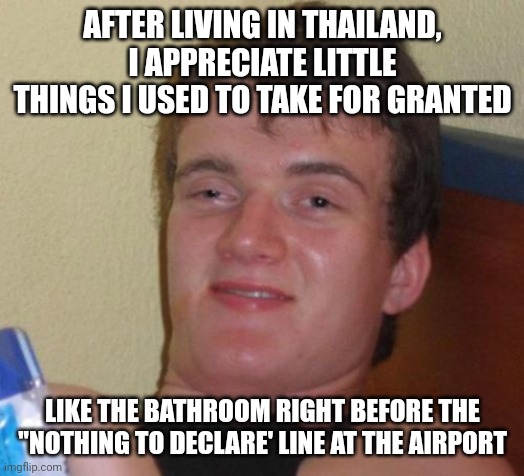 10 Guy Meme | AFTER LIVING IN THAILAND, I APPRECIATE LITTLE THINGS I USED TO TAKE FOR GRANTED; LIKE THE BATHROOM RIGHT BEFORE THE ''NOTHING TO DECLARE' LINE AT THE AIRPORT | image tagged in memes,10 guy | made w/ Imgflip meme maker