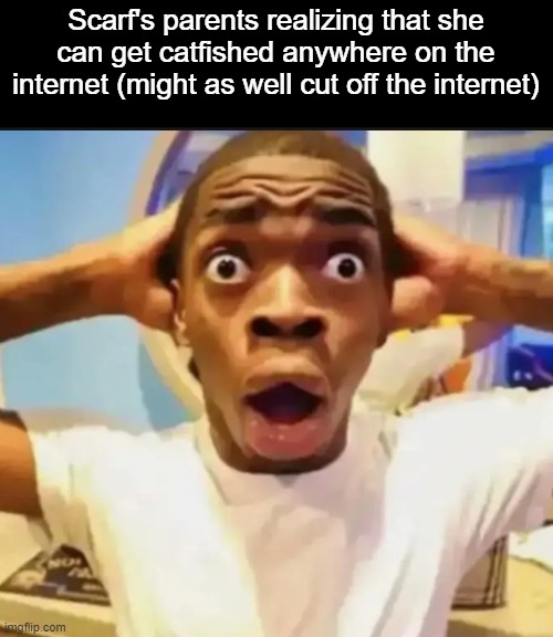 Surprised Black Guy | Scarf's parents realizing that she can get catfished anywhere on the internet (might as well cut off the internet) | image tagged in surprised black guy | made w/ Imgflip meme maker