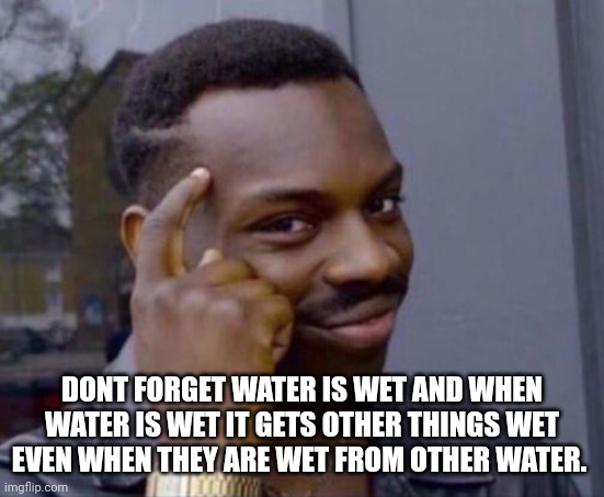 DONT FORGET WATER IS WET AND WHEN WATER IS WET IT GETS OTHER THINGS WET EVEN WHEN THEY ARE WET FROM OTHER WATER. | image tagged in black guy pointing at head | made w/ Imgflip meme maker