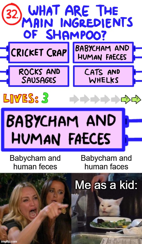 I legit thought this was a typo. | Babycham and
human feces; Babycham and
human faces; Me as a kid: | image tagged in memes,woman yelling at cat,impossible,quiz,spelling,games | made w/ Imgflip meme maker