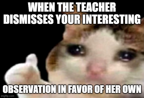 i get wanting to keep your class on track but you don't have to be so dismissive | WHEN THE TEACHER DISMISSES YOUR INTERESTING; OBSERVATION IN FAVOR OF HER OWN | image tagged in sad cat thumbs up,bible class,teachers | made w/ Imgflip meme maker